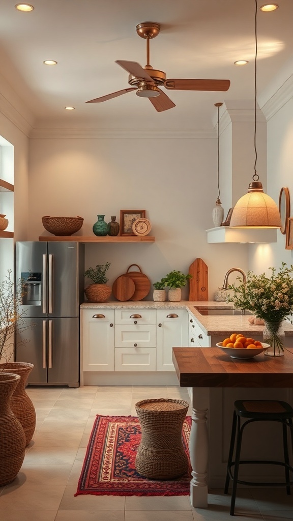 A warm and inviting open kitchen with natural materials and decorative elements.