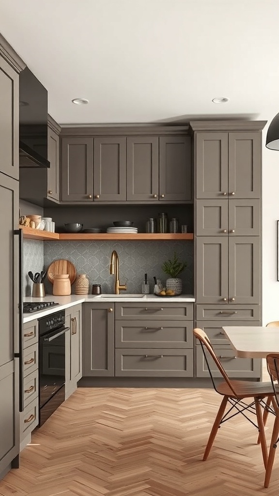 A modern kitchen featuring taupe cabinets, light countertops, and wooden flooring.