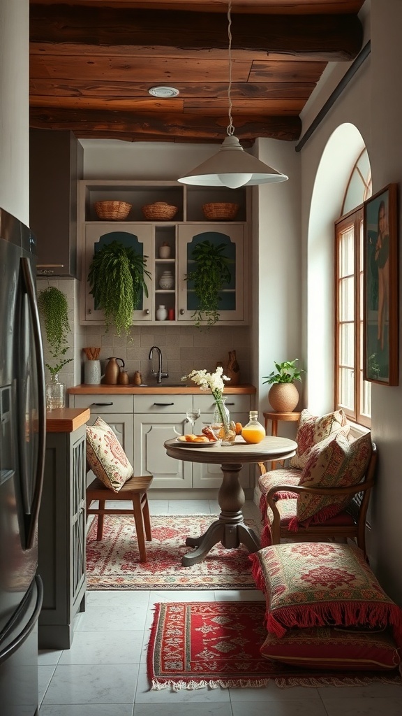A cozy nook in an open kitchen with a small table, chairs, and decorative cushions.