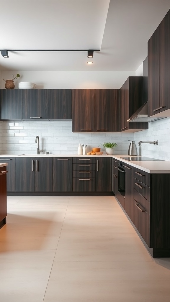 A modern kitchen featuring two-tone cabinets with dark wood and light countertops.