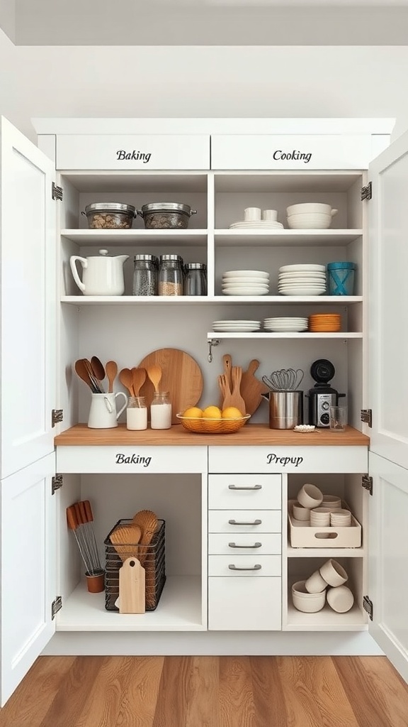 Organized kitchen cabinet with labeled sections for Baking, Cooking, and Prep.