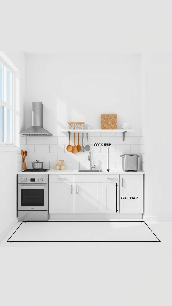 A small kitchen layout showing designated zones for cooking, food prep, and storage.