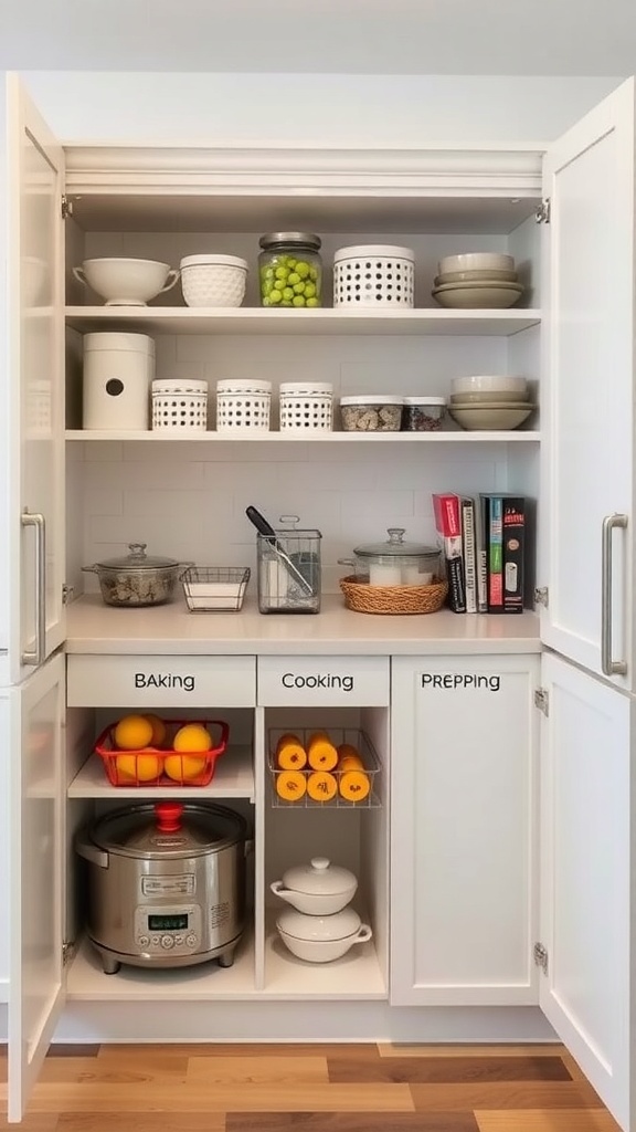 Organized kitchen cabinet with labeled zones for baking, cooking, and prepping.