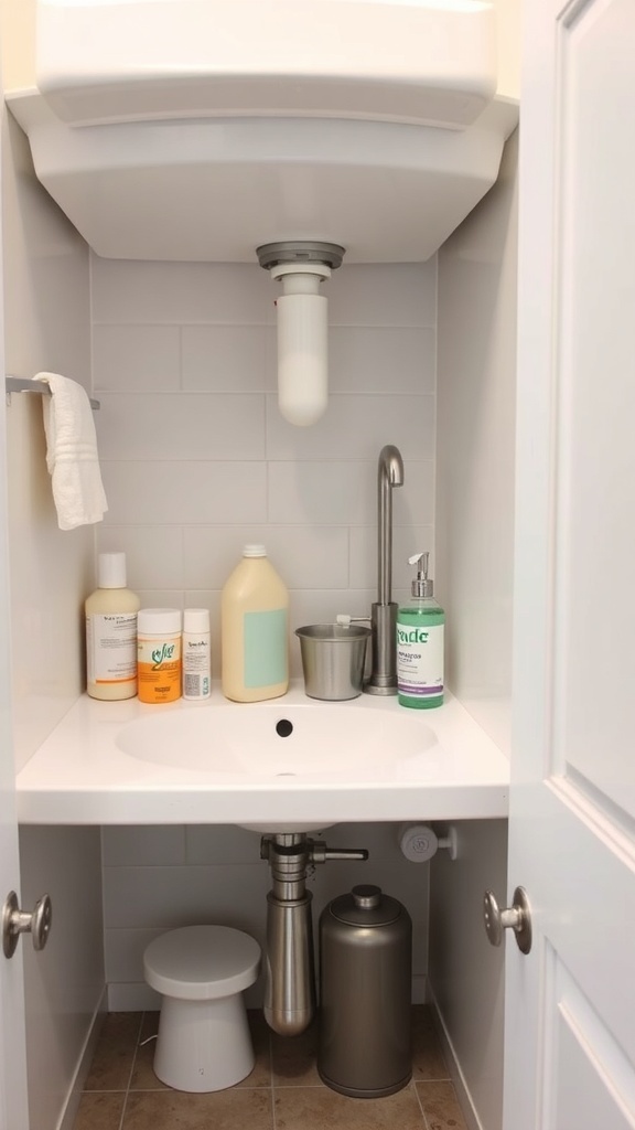 Organized under sink area with cleaning supplies and personal care products.