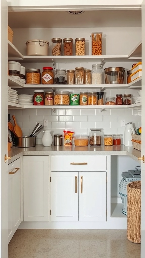 Organized pantry with labeled jars and containers.