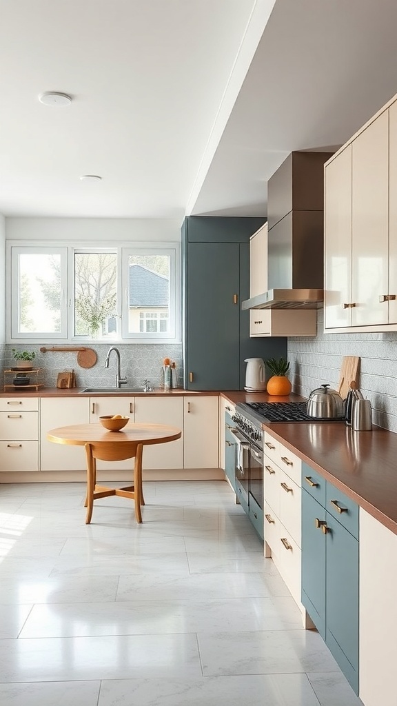 A modern kitchen with two-tone cabinets in light and dark colors, featuring a round wooden table.