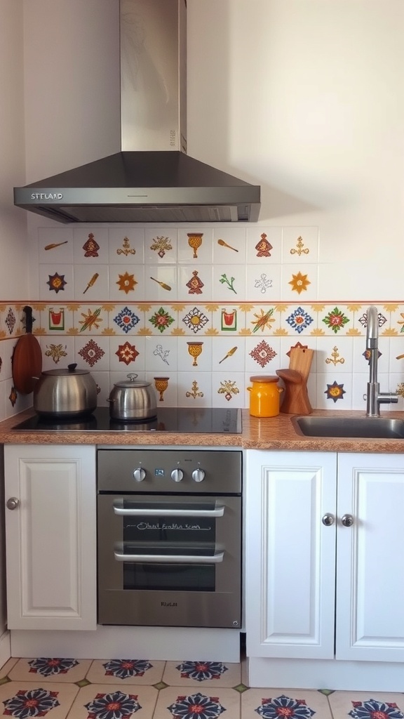 A small Indian kitchen featuring a colorful tile backsplash with traditional patterns.