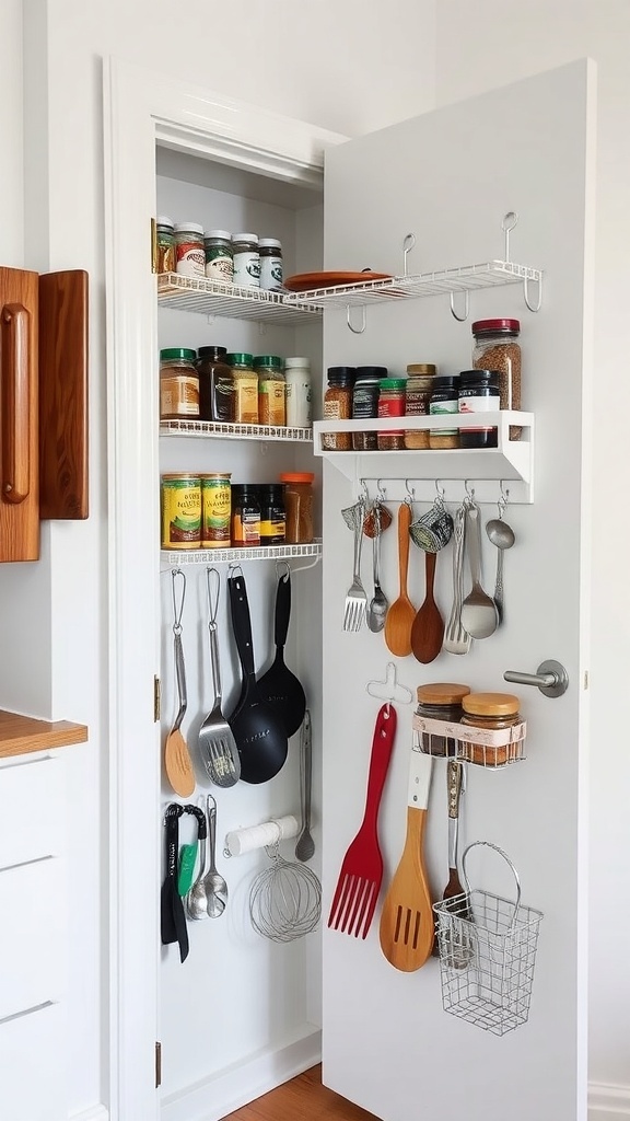 A pantry door with organized spice jars and hanging utensils.