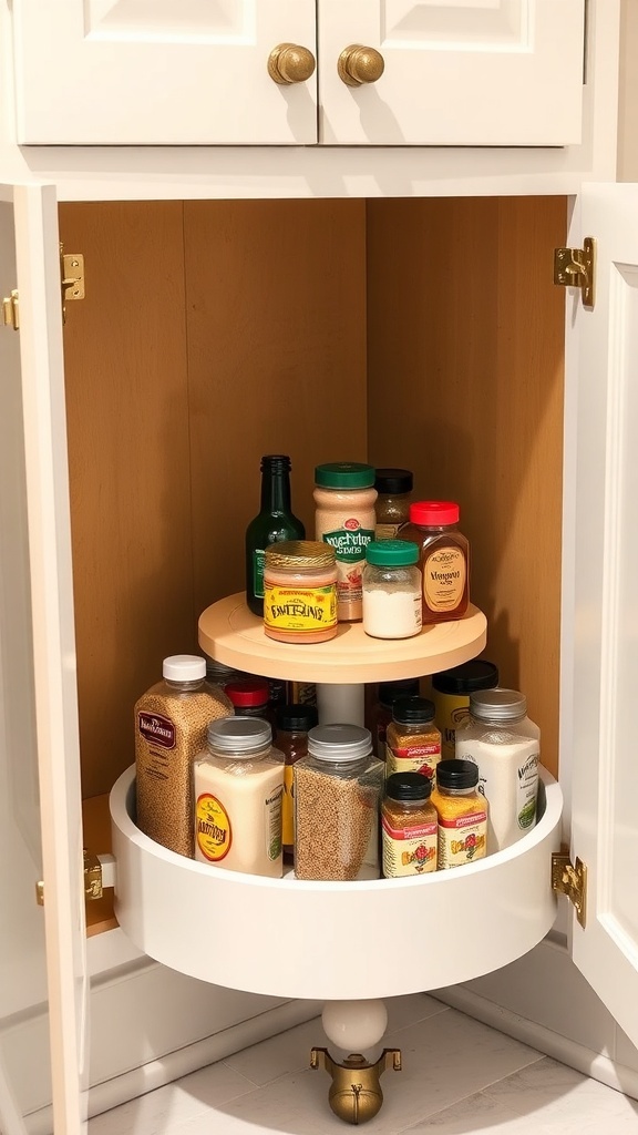 A lazy Susan in a bottom corner kitchen cabinet, displaying various jars and bottles.