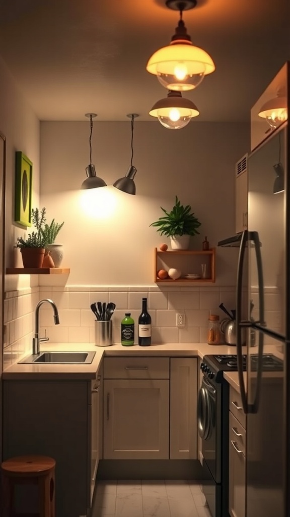 A cozy tiny kitchen with creative lighting and plants.