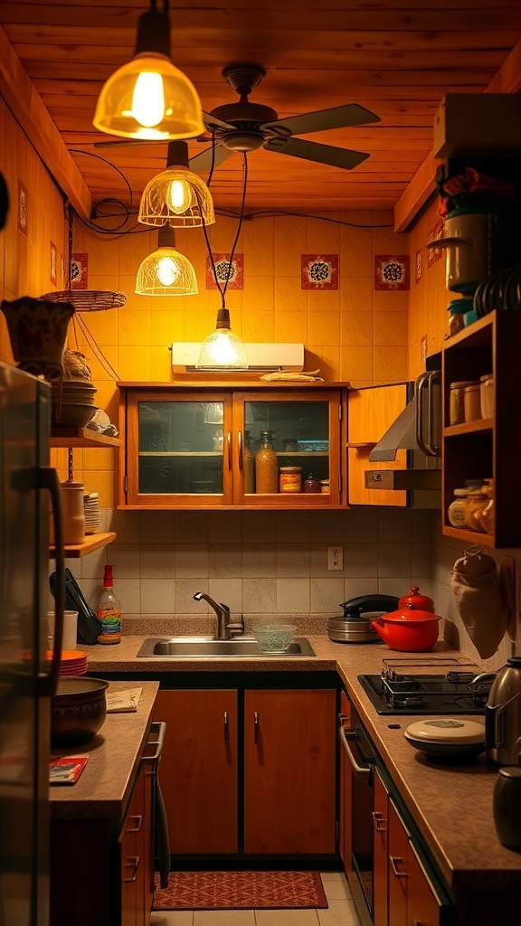 A small Indian kitchen with creative lighting solutions, featuring pendant lights and warm tones.