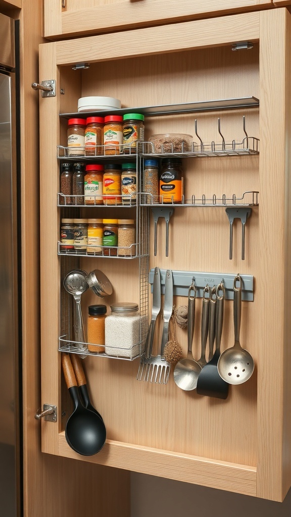 A cabinet door with spices and utensils organized on racks and hooks.