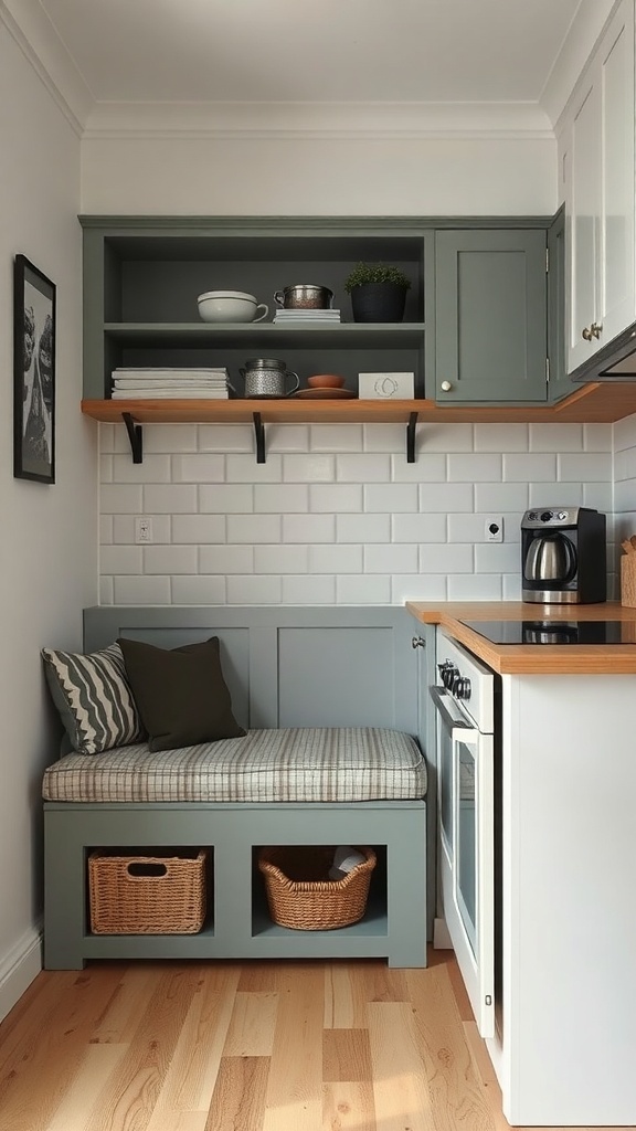Small kitchen with a cozy bench and open shelves for storage.