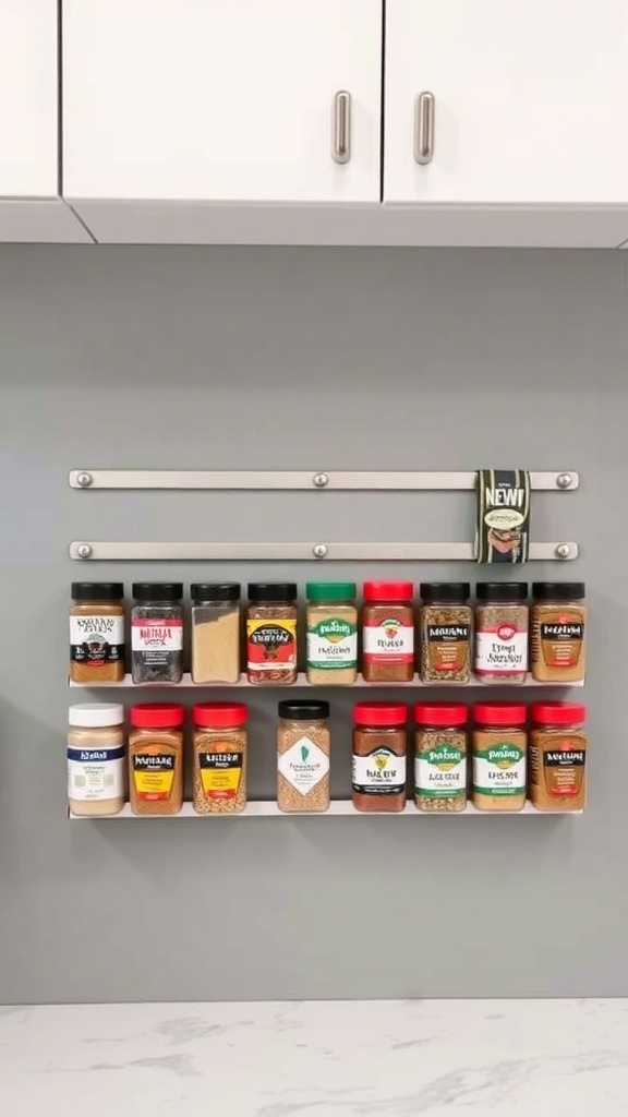 Magnetic strips holding various spice jars on a kitchen wall.