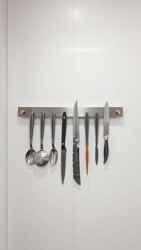 Magnetic strip holding various kitchen utensils including knives and spoons.