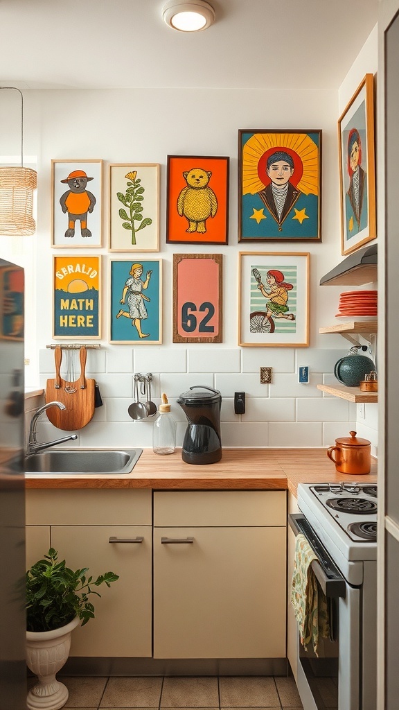 A small kitchen featuring a colorful gallery wall with various framed artworks.