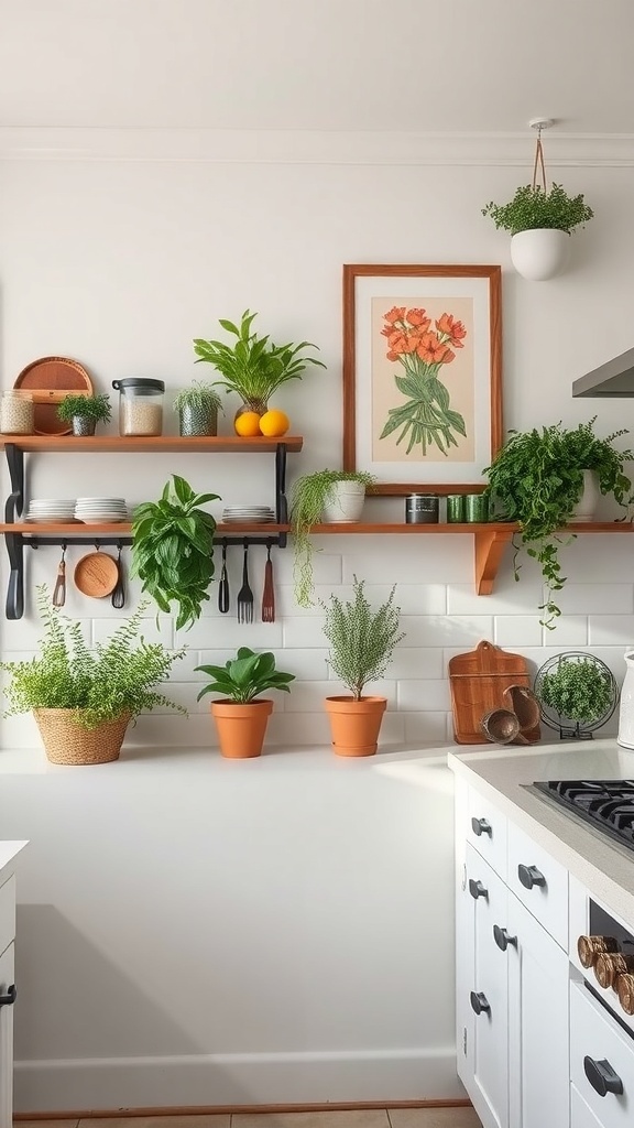 A modern farmhouse kitchen featuring open shelves with plants and kitchen items.