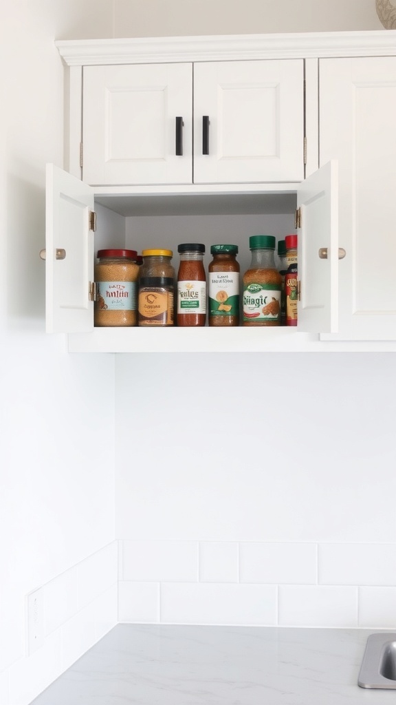 Upper corner kitchen cabinet with jars of spices and sauces
