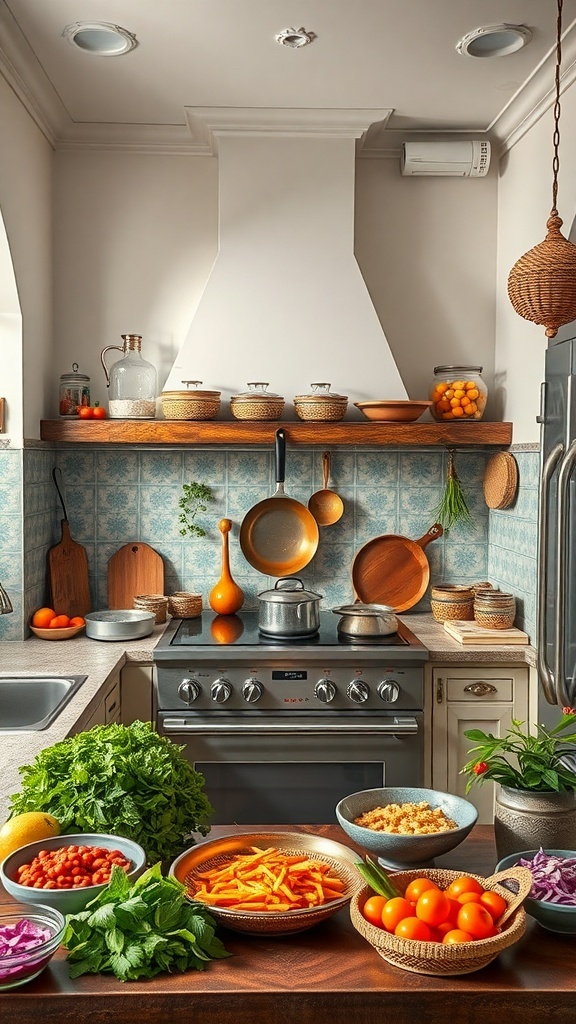 An Indian-style kitchen featuring an open cooking area with fresh vegetables and spices displayed.