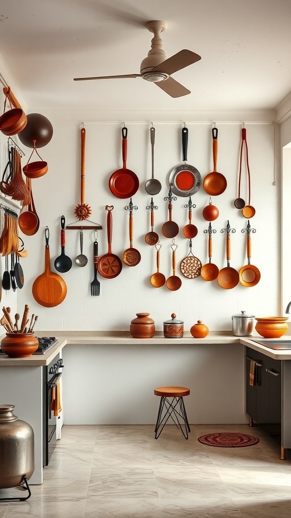 Open kitchen with a display of colorful culinary tools and utensils