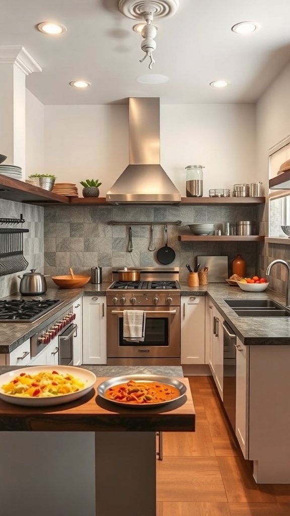 A modern Indian kitchen with distinct cooking areas, featuring a stove, prep space, and serving dishes.