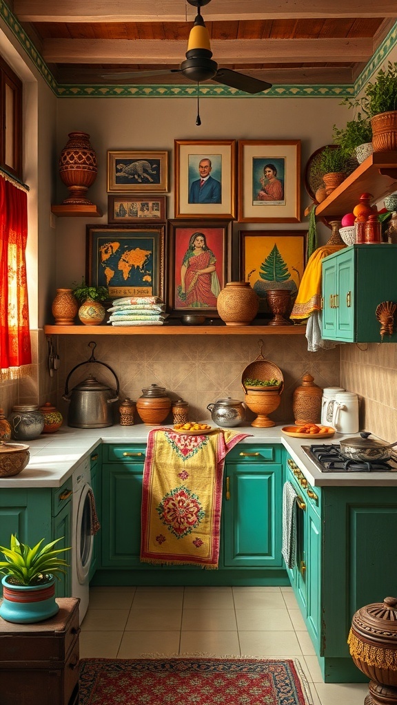 A cozy Indian style kitchen featuring colorful decor, pottery, and framed art.