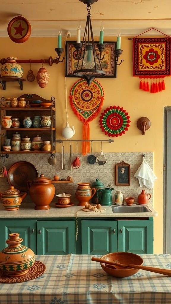 A cozy Indian kitchen featuring colorful pottery, wall hangings, and traditional utensils.