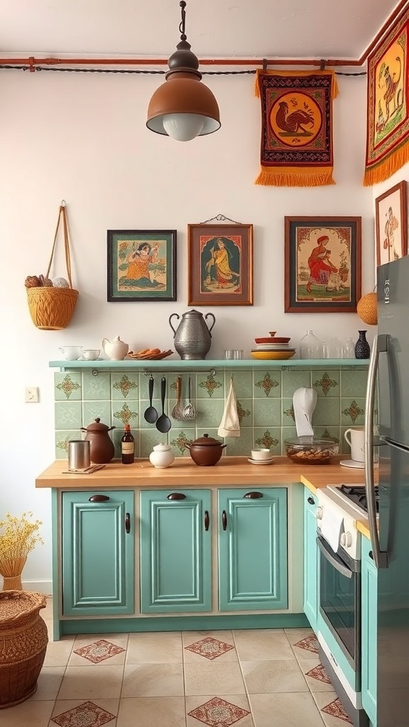 A traditional Indian kitchen featuring colorful wall hangings and artwork.