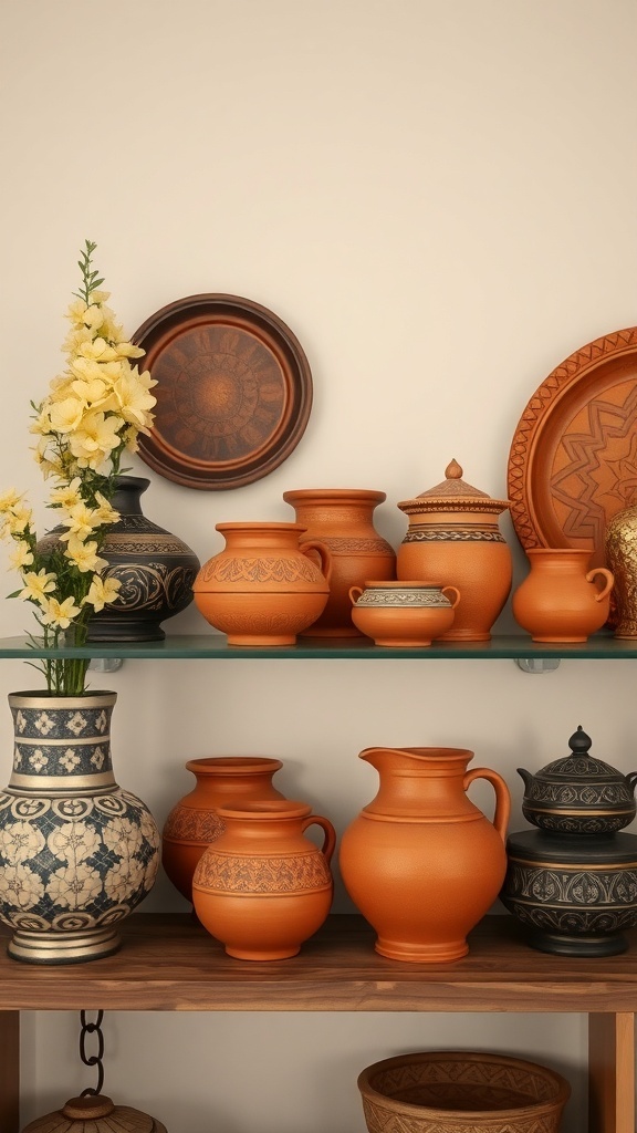A display of colorful clay pottery and decorative items on a shelf.