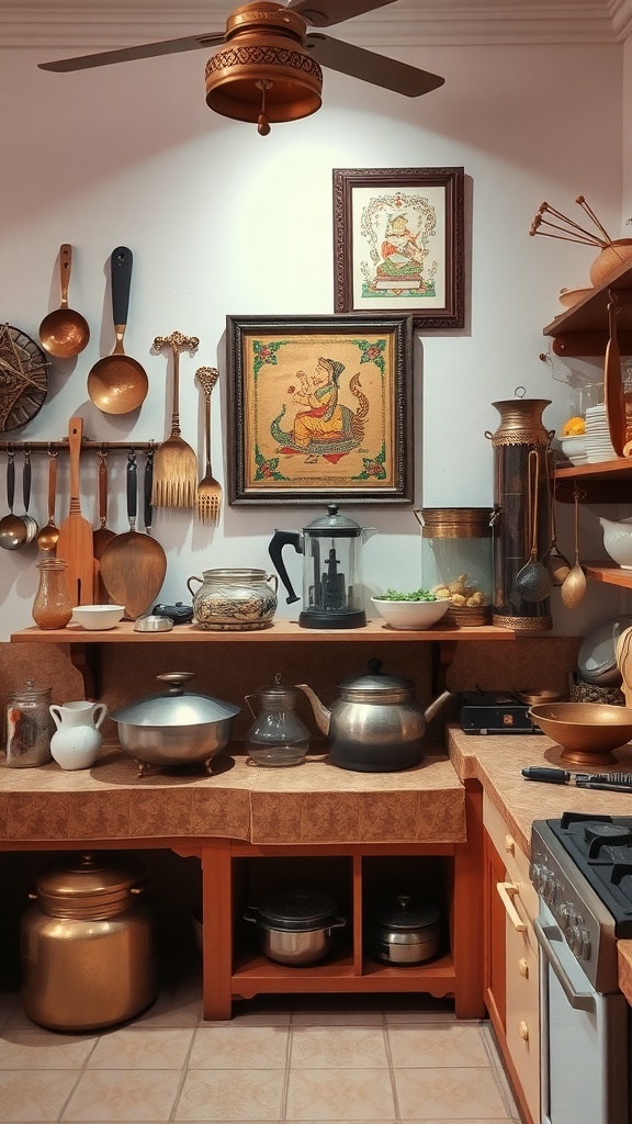 A cozy Indian kitchen featuring copper utensils and traditional artwork.