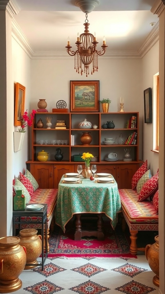 A cozy Indian-style dining area with colorful textiles, traditional pottery, and a warm atmosphere.