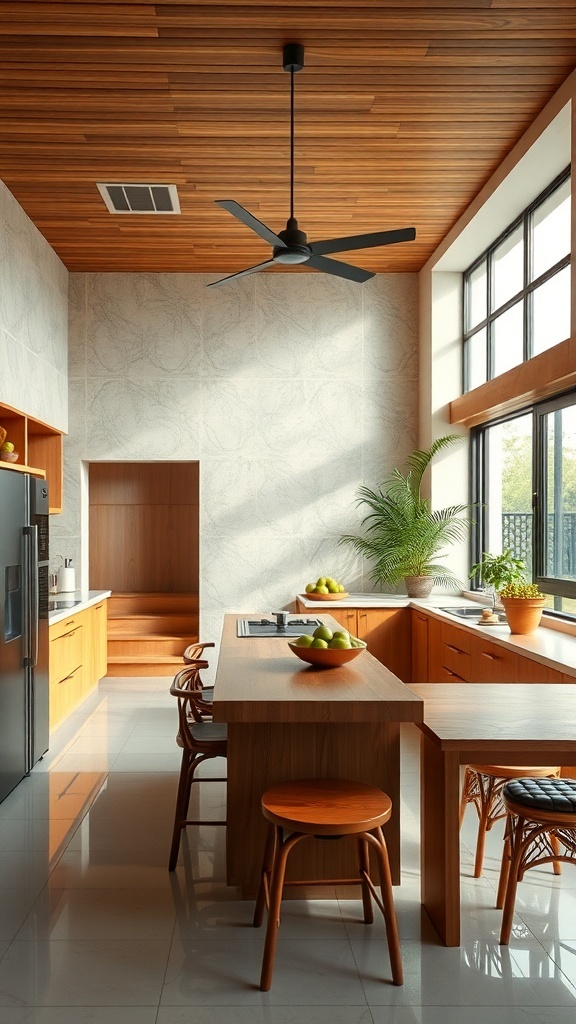 A modern open kitchen featuring wooden elements and large windows, showcasing a blend of contemporary and traditional Indian design.