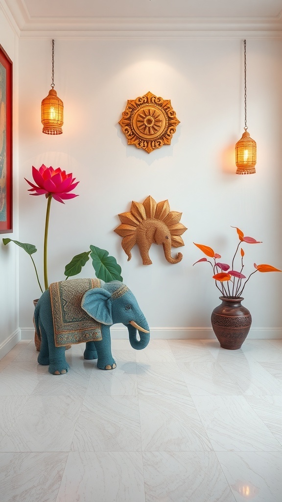 A beautifully decorated Indian room featuring an elephant statue, lotus flower, and traditional lanterns.