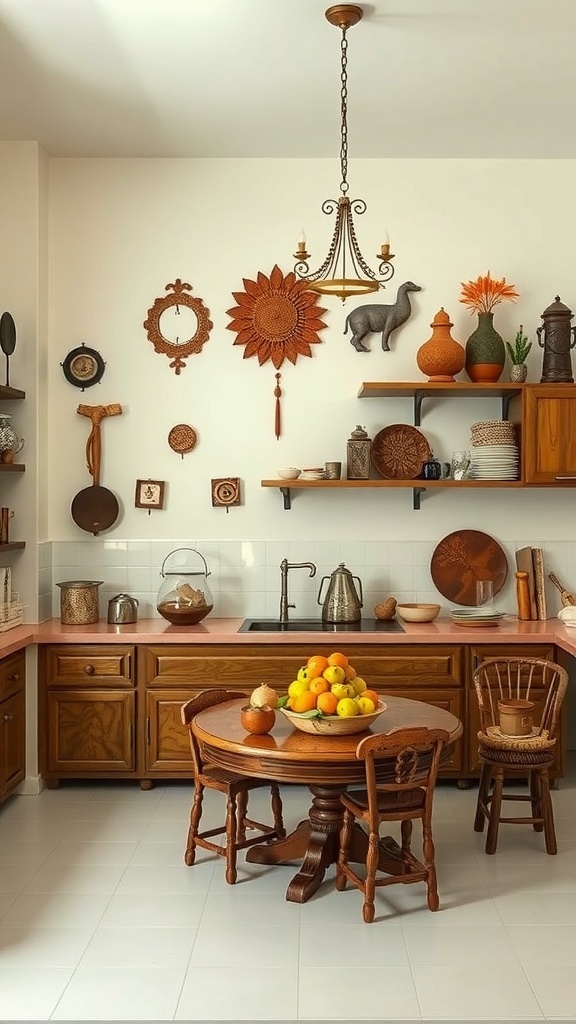 Traditional Indian kitchen interior with wooden furniture and decorative items.
