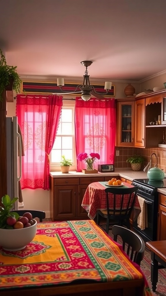 A small Indian kitchen featuring colorful curtains and a vibrant tablecloth.