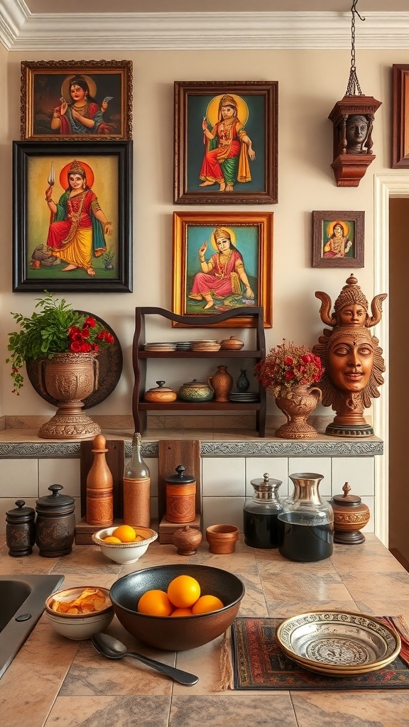 Indian-style kitchen with cultural wall art featuring traditional paintings and sculptures.