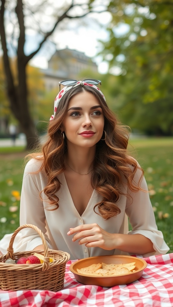 A woman with curly hair wearing a headband, sitting outdoors with a picnic basket.