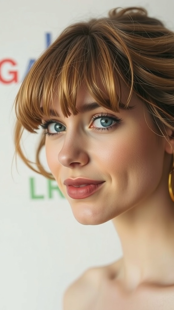 A woman with curly bangs and a bright smile, showcasing a fresh hairstyle.
