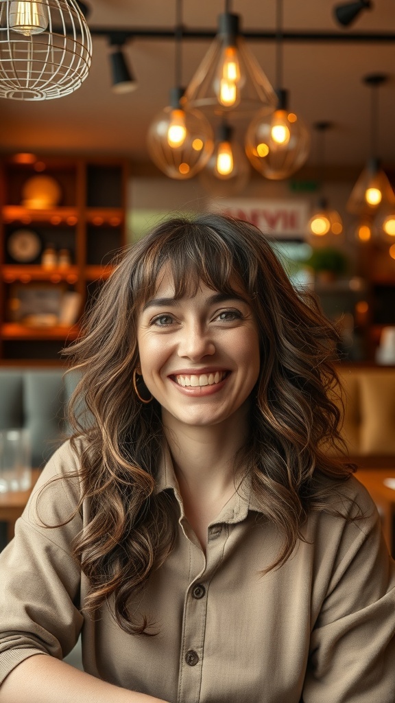 A woman with curly bangs and wavy hair, smiling in a cozy cafe setting.