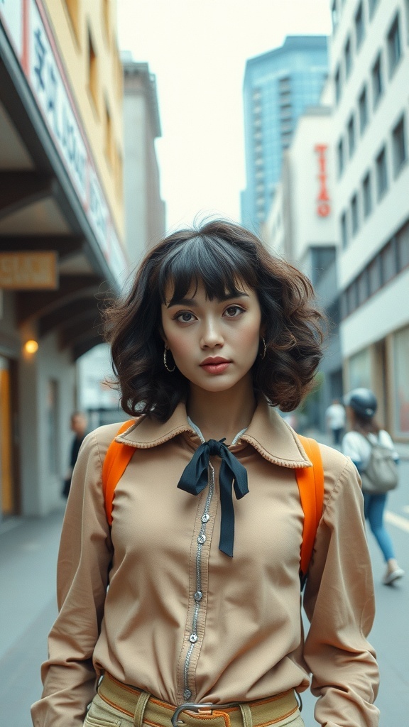 A person with curly bangs, wearing a stylish outfit, standing in an urban setting.