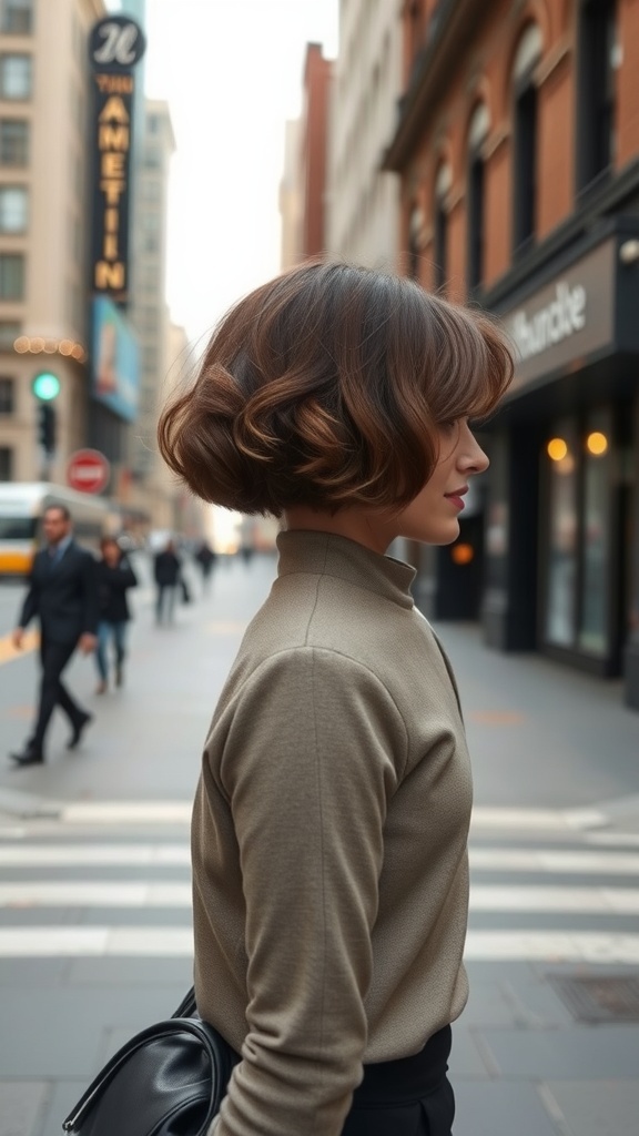 A woman with a curly bob cut walking in the city, showcasing her stylish hairstyle.