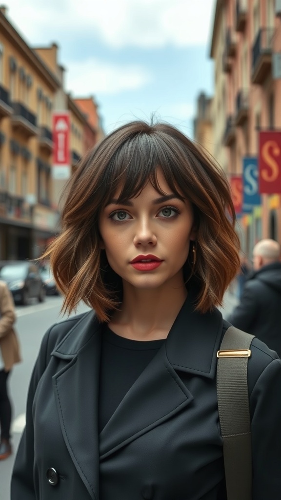A woman with a curly bob hairstyle and bangs, wearing a black coat, standing on a city street.