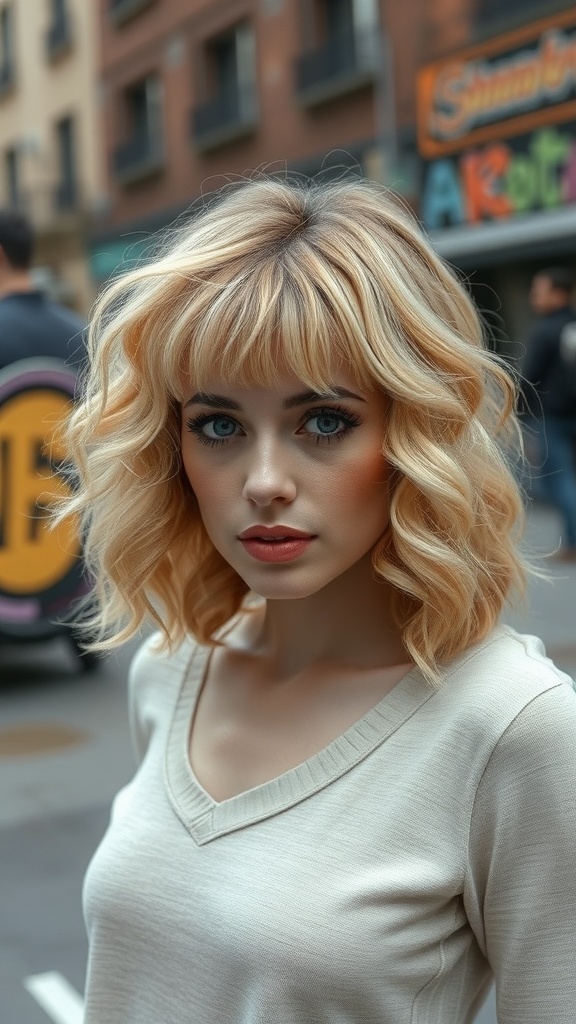 A woman with a blonde curly bob hairstyle and bangs, looking stylish in an urban setting.