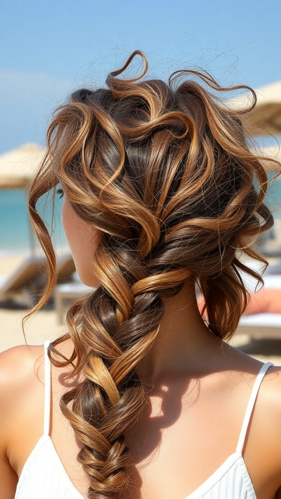 A woman with curly hair styled in a beachy braid, showcasing sun-kissed highlights.