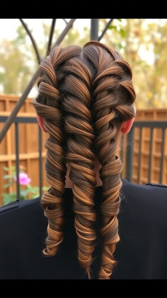 Two twisted curly braids styled with clip-in extensions.