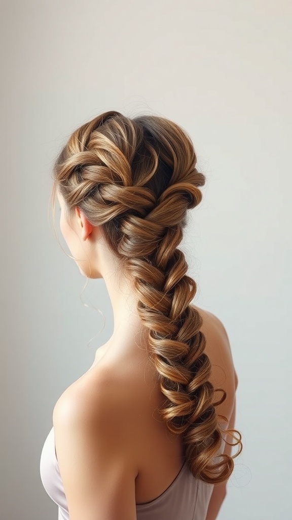 A woman with a braided ponytail hairstyle featuring curly ends.