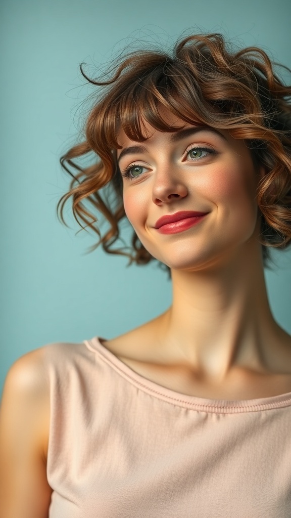 A woman with curly hair and a fringe, smiling softly against a light blue background.