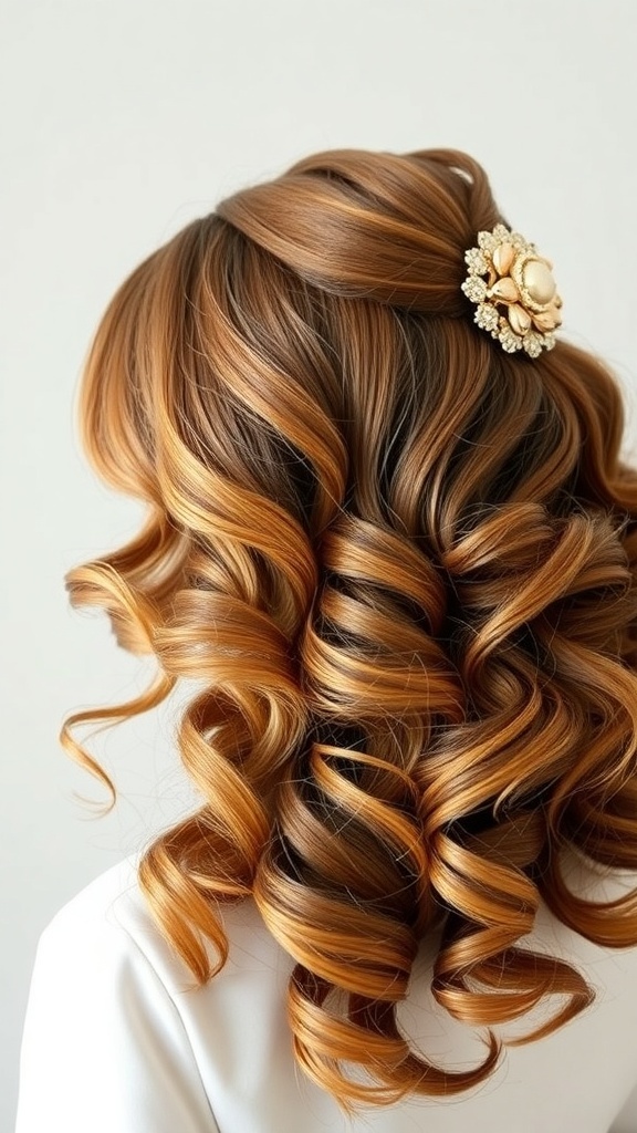 A close-up view of curly hair styled down with a decorative hair accessory.