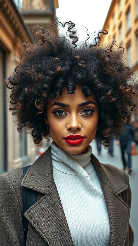 A woman with curly hair and a bold red lip, showcasing a stylish look.