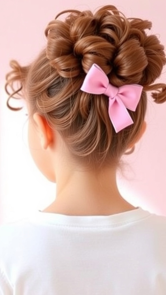 A girl with curly hair styled in a bun, adorned with a pink bow.